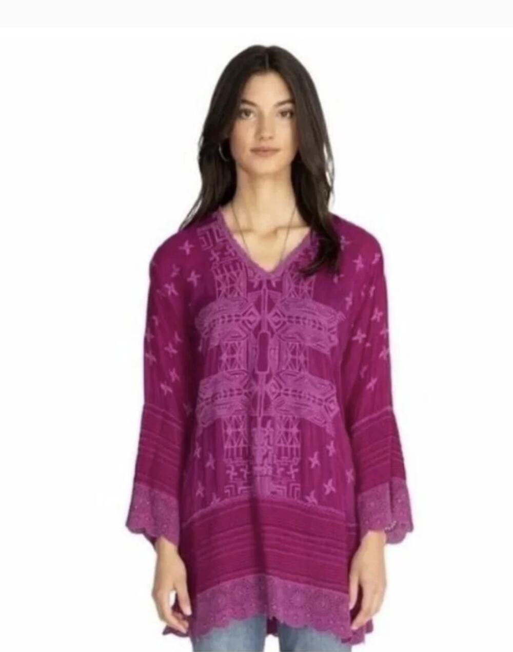Johnny Was Magenta Leena Cupra embroidered lace trim tunic blouse